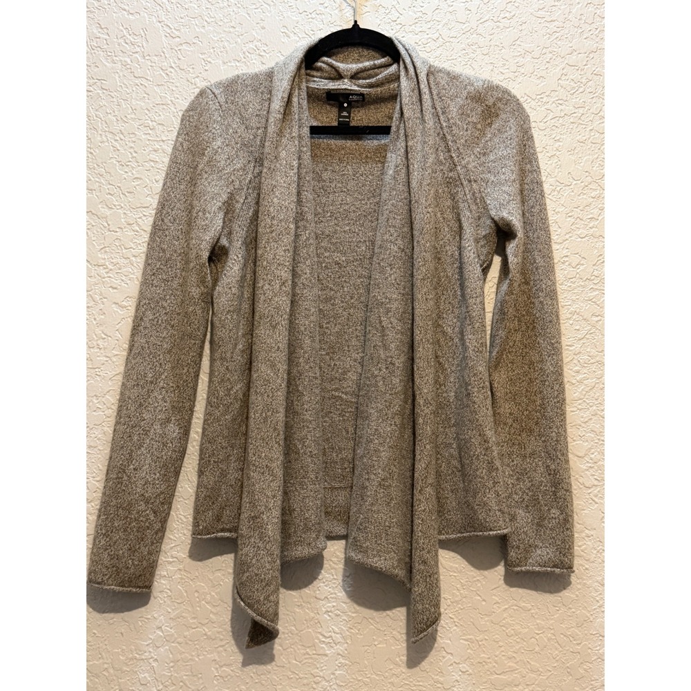 AQUA Cashmere Waterfall Open Front Cardigan Small Grey Marl Minimalist Luxury
